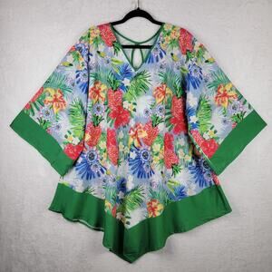 Fairycore OS Top Kimono Sleeve Green Tropical Pullover Oversize Cruise Tunic